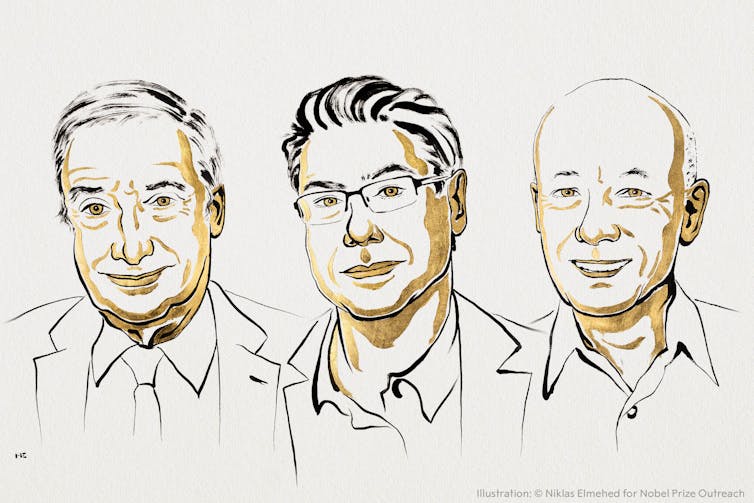 illustrated headshots of the 2025 nobel prizewinners in economics.